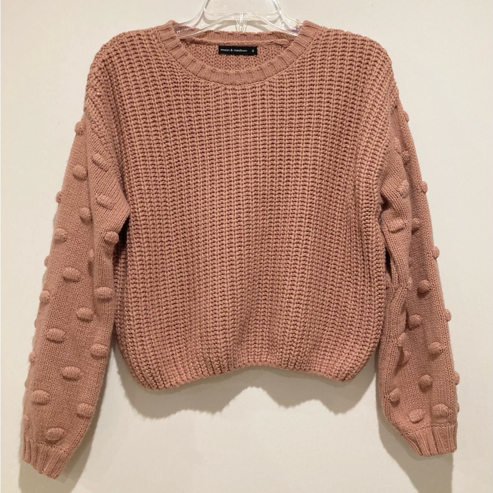 Moon & Madison Sweater with Pom Pom Sleeves, Size S, Blush Pink